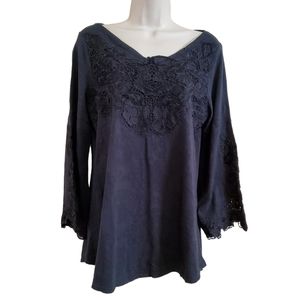 Soft Surroundings Embroidered Long Sleeve Knit Top PS Black